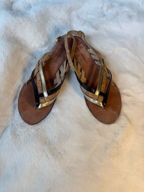 Diane von Furstenberg Carley Metallic Gold & Black Leather Sandals Size 8